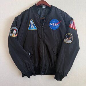 Spirit NASA Bomber Jacket Men’s Medium Black Galaxy Lining Space Patches Apollo